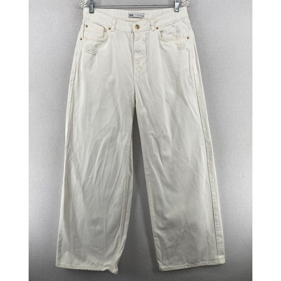 ZARA Jeans Womens 8 Mom High Waist Wide Leg Distressed 5 Pocket Denim White - Picture 1 of 11